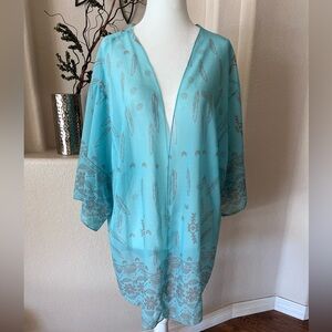 Sheer Turquoise Southwest Print Kimono Cover-Up Over Shirt One Size Unbranded